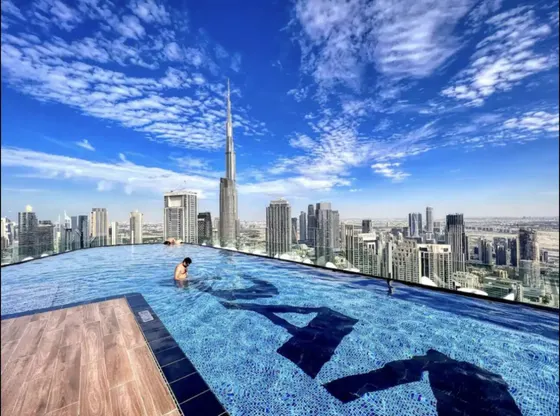 Glamorous Infinity Pool with Burj Khalifa Skyline